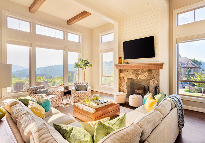 suburban living room scene in summer looking out a neighborhood with gorgeous scenery